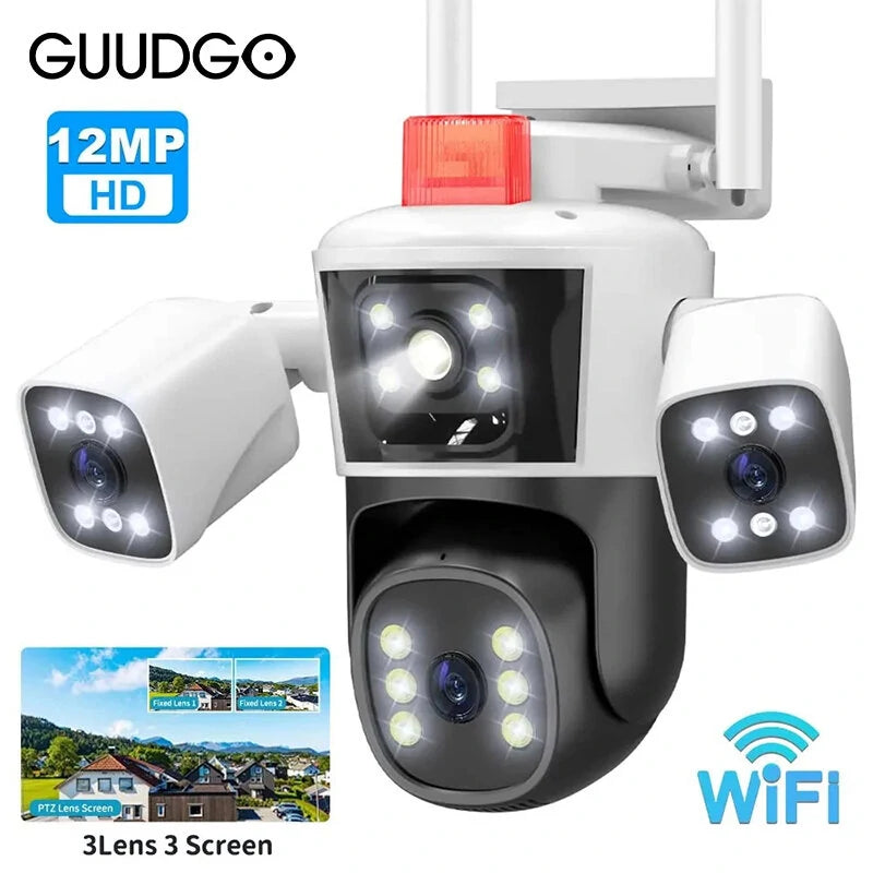 Guudgo 5K 12MP WiFi IP Camera with 10X Zoom, Three-Lens Panoramic PTZ, AI Tracking, Outdoor CCTV Surveillance, IP65 Waterproof