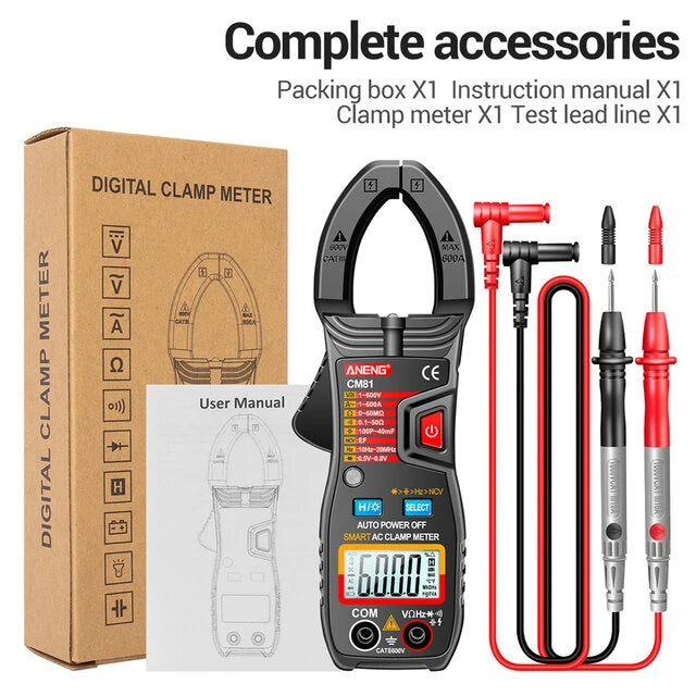 ANENG CM81 Digital Clamp Meter - 6000 Counts, Auto Range, NCV, DC/AC Voltage, Current, Resistance, Frequency, Capacitance Tester