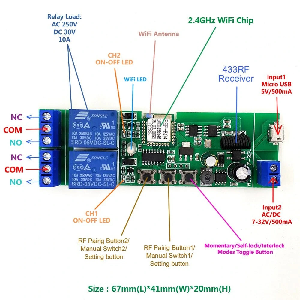 EACHEN WiFi 2-Way Relay Module, Self-Locking/Interlock Switch, Compatible with Amazon Alexa & Google Home