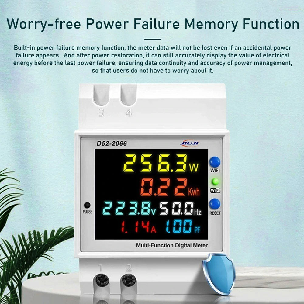 Tuya WiFi Smart Digital Display DIN-Rail Voltage & Current Meter with Power Outage Memory