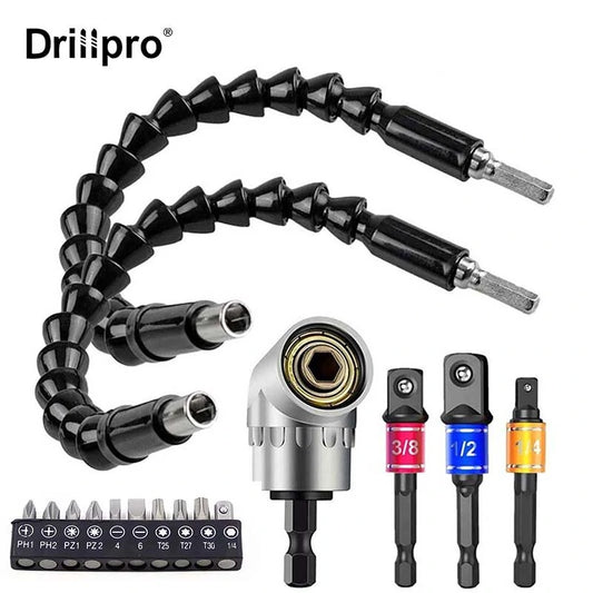 Flexible Drill Extension Set, 16Pcs - Drillpro Hex Shank Driver Bits, Bendable Extension, Universal Socket Adapter, Screwdriver Bit, Right Angle Drill Attachment