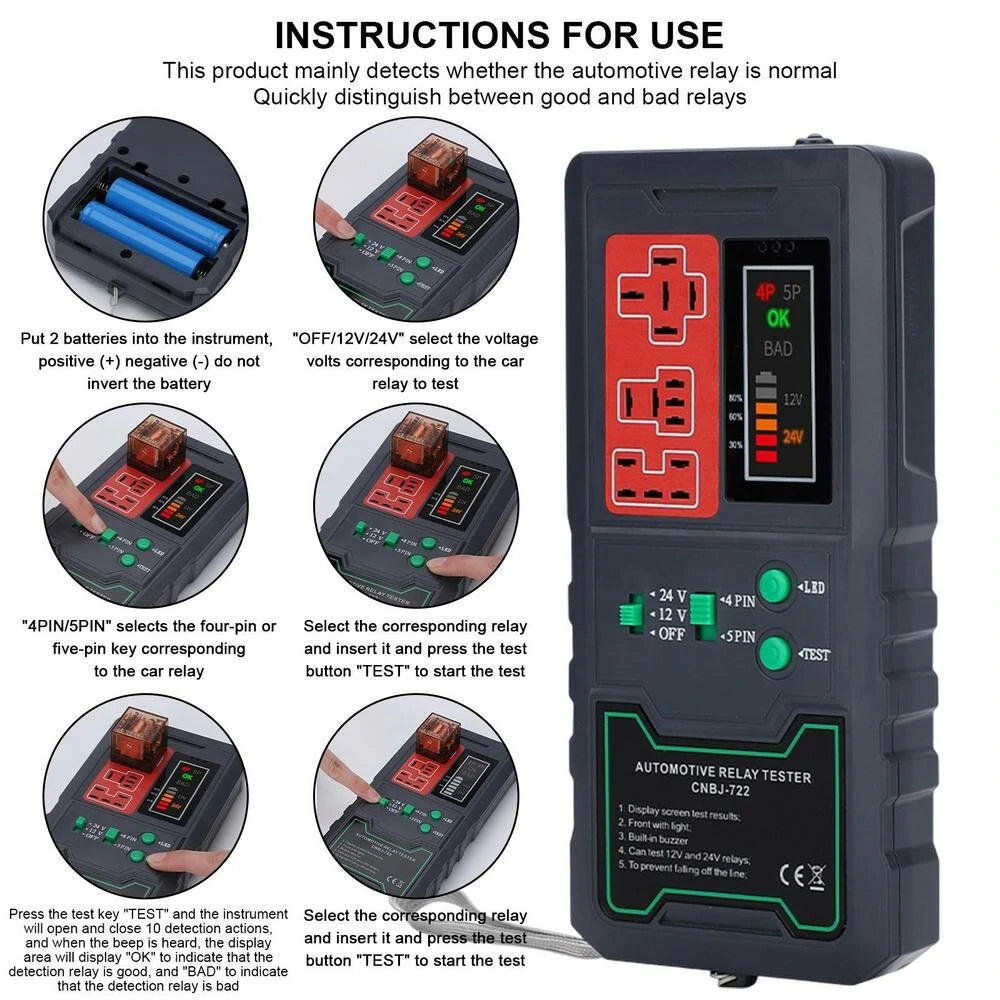 LED Display Car Relay Tester 12V/24V, 4-Pin/5-Pin Tool with Large Capacity Battery