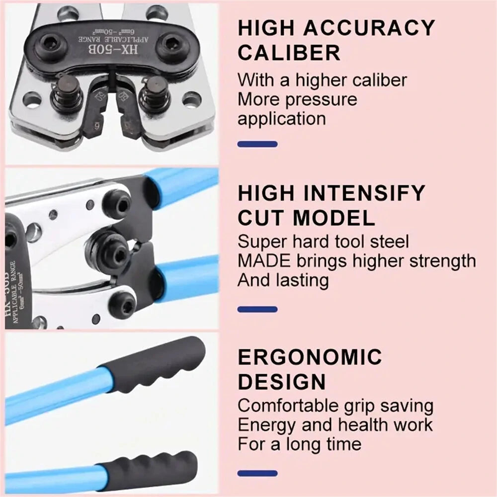 Battery Cable Crimping Tool Set HX-50B, 10-1 AWG, with 60 Copper Ring Terminals, 8 Sizes