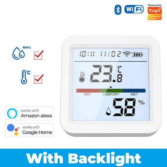 Smart WiFi Bluetooth/Zigbee Temperature & Humidity Sensor with Backlight, High Accuracy, Adjustable Stand, Tuya Smart Life, Alexa & Google Home Compatible