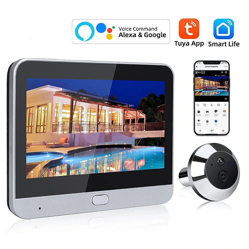 Tuya Smart Home 1080P Wireless Door Peephole Camera with 120° Wide Angle, Motion Detection, One-Way Intercom, WiFi Video Eye, 5000mAh Battery, Compatible with Alexa & Google