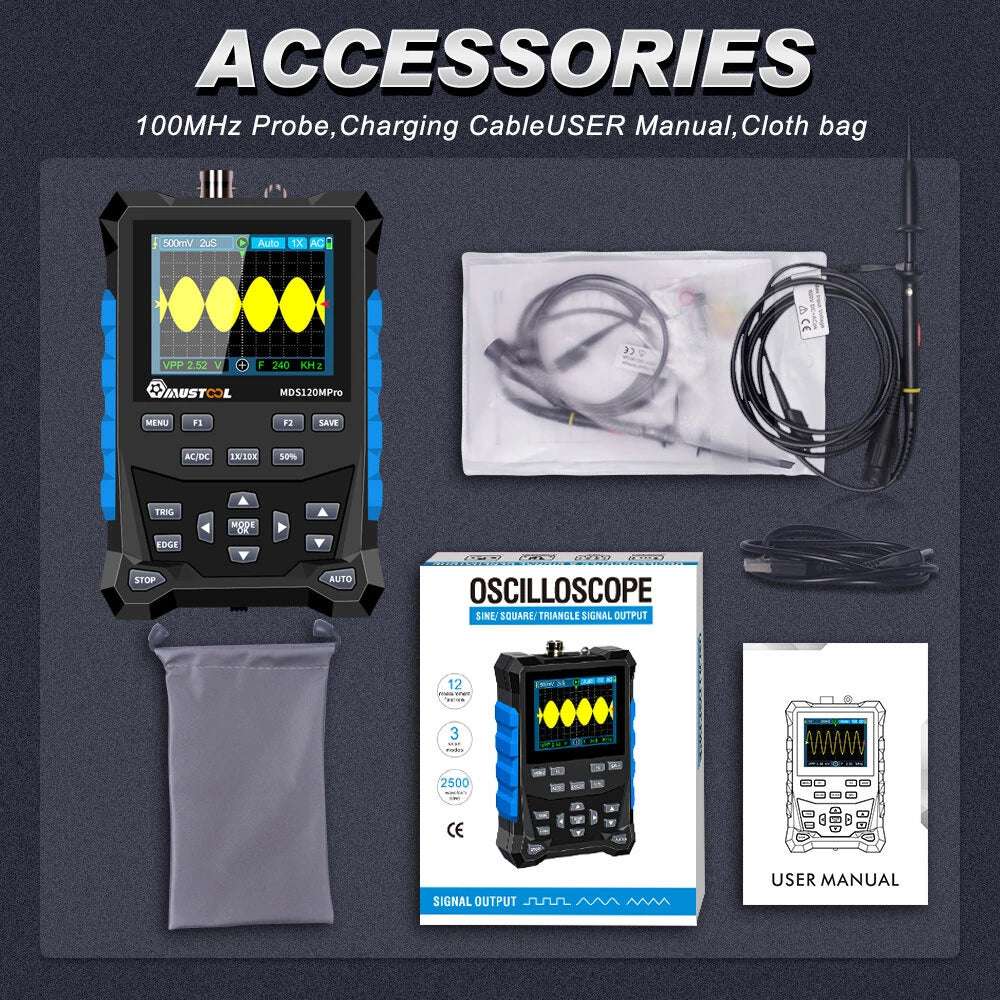 Mustool MDS120MPro 120MHz Digital Oscilloscope with 3MHz Signal Generator, 500MS/s, 2-in-1 Automotive Tool