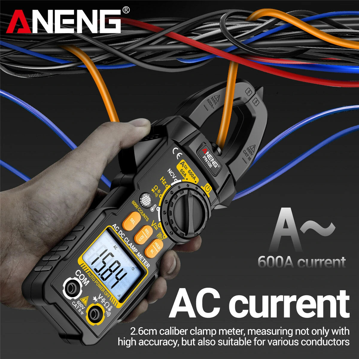 ANENG PN108 Clamp Meter | High-Precision 600A/600V AC/DC Voltage & Current Tester | Auto Power Off | Backlit Display