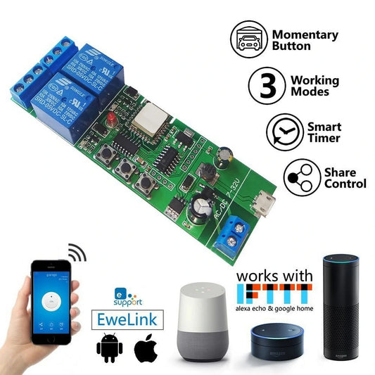 EACHEN WiFi 2-Way Relay Module, Self-Locking/Interlock Switch, Compatible with Amazon Alexa & Google Home