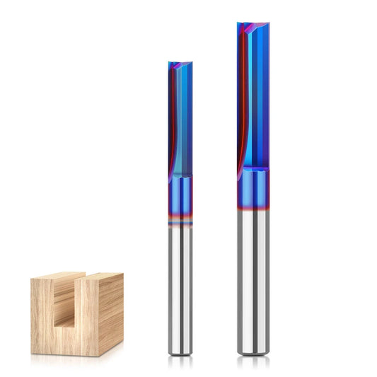 Tungsten Carbide 2-Flute Straight Router Bit, Nano Blue Coated, 1/4 & 8mm Shank for CNC Router MDF Woodworking