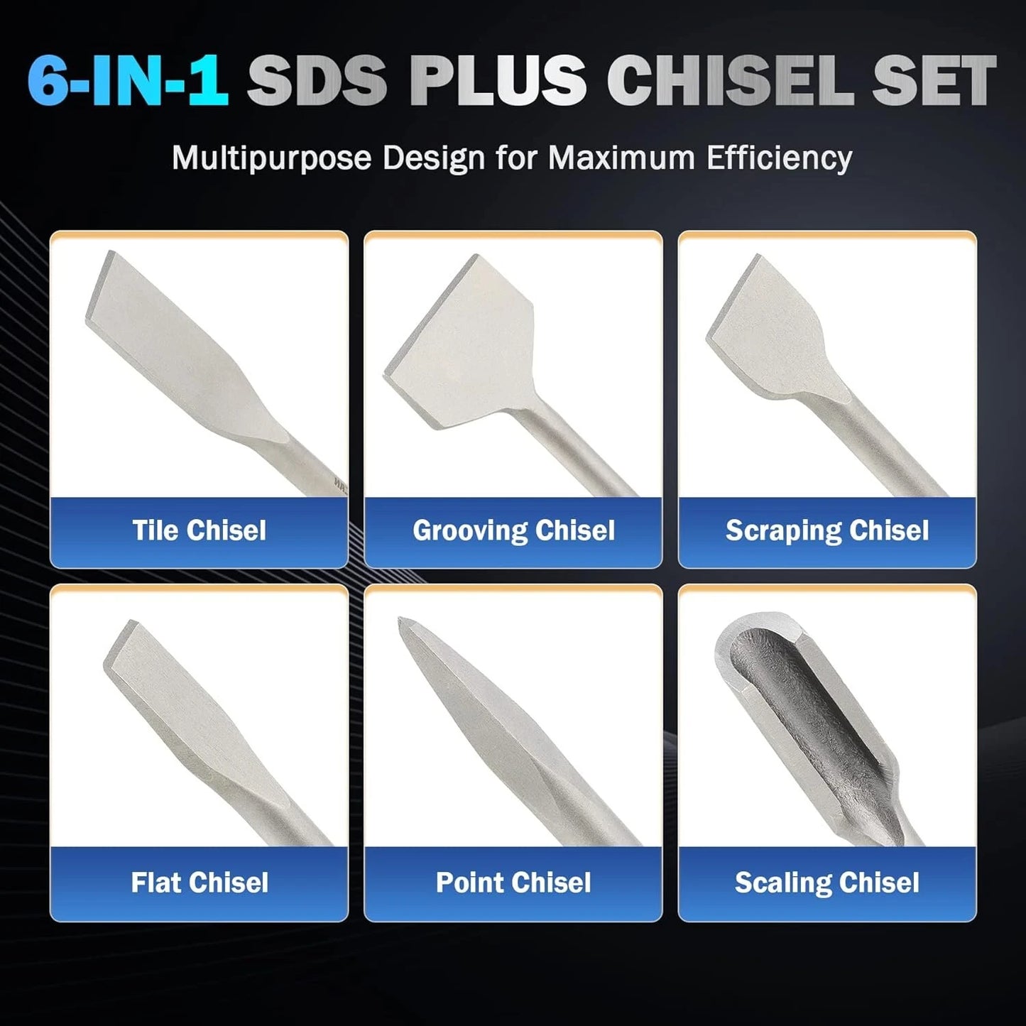 SDS Plus Chisel Set - 6PCS 40Cr Steel Rotary Hammer Bits for Masonry, Concrete, Tile - Grooving, Scraping, Flat & Point Scaling Chisels
