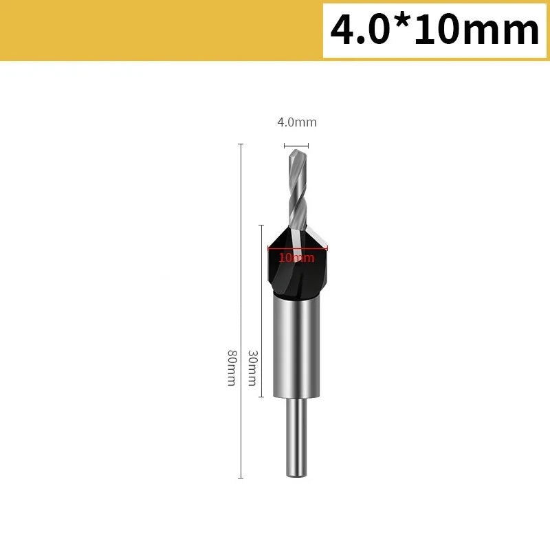 4-in-1 Countersink Drill Bit Set with Low Friction Depth Stop – Tungsten Steel, 6.25mm Shank, Sizes 2.8mm, 3.2mm, 3.5mm, 4.0mm for Wood & Metal