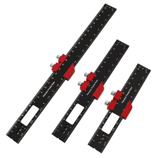 Aluminum T-Type Pocket Ruler - Precision Woodworking Scribing Tool with Sliding Stops, Inch & Metric (6.3, 7.9, 11.8)