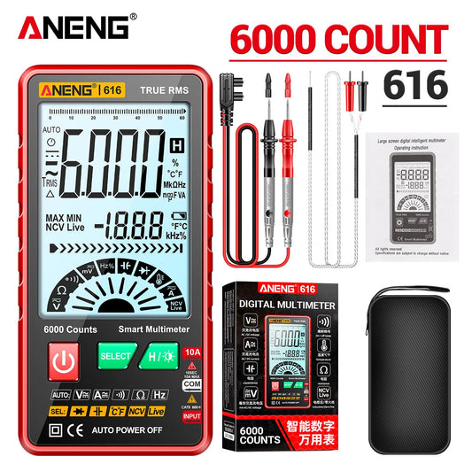ANENG 616 Ultra-Thin Digital Multimeter, 6000 Counts, Large Backlit Screen, Intelligent AC/DC Voltage & Current Tester