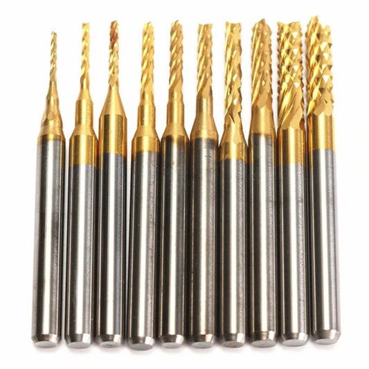 Titanium Coated Carbide Drill Bits Set, 10PCS: 0.8-3mm CNC Precision Milling & Engraving Tools