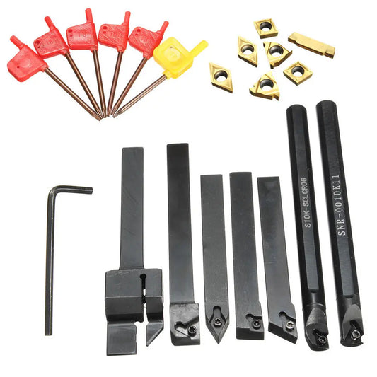 7-Piece 10mm Lathe Turning & Boring Tool Set with T8 Wrenches & Carbide Inserts
