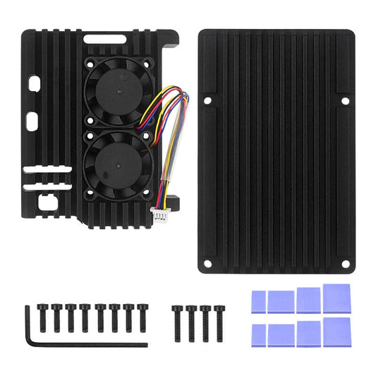 Aluminum Alloy Metal Case for Raspberry Pi 5B with Dual Cooling Fan - Passive Dissipation