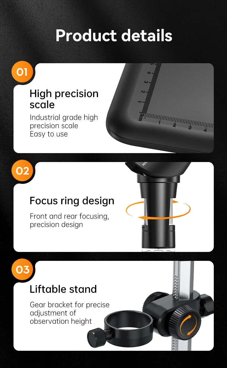 4.3 Digital Microscope, 50-1000X Magnification, 2MP, 2000mAh Battery, Ideal for Exploration & Research