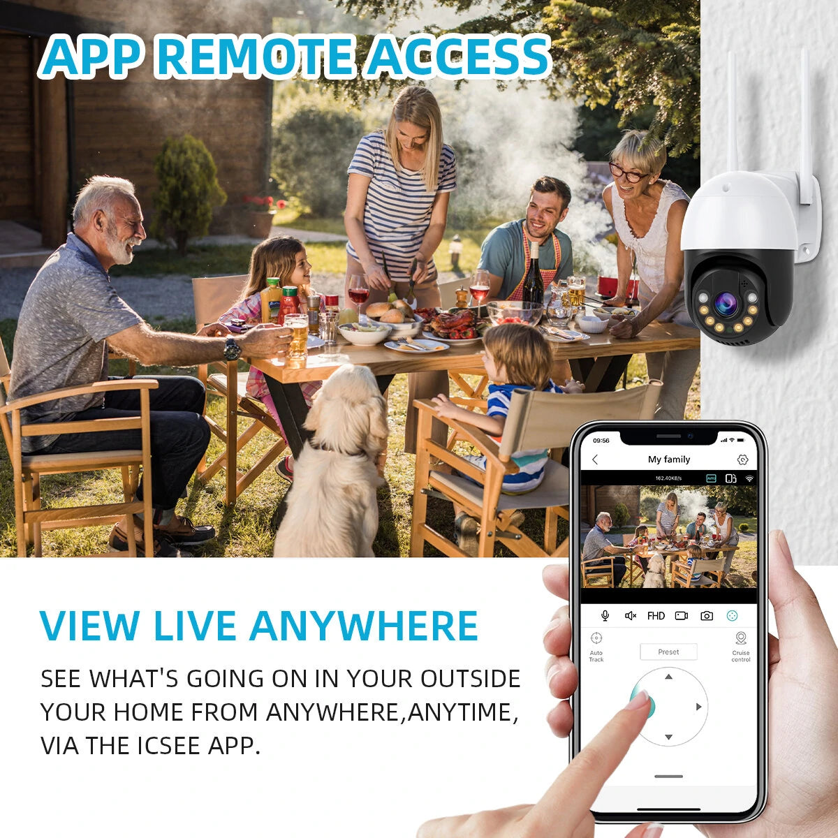 2MP Outdoor Wireless PTZ Security Camera, AI Human Detection, Night Vision, Two-Way Audio, IP66 Waterproof, Remote Control