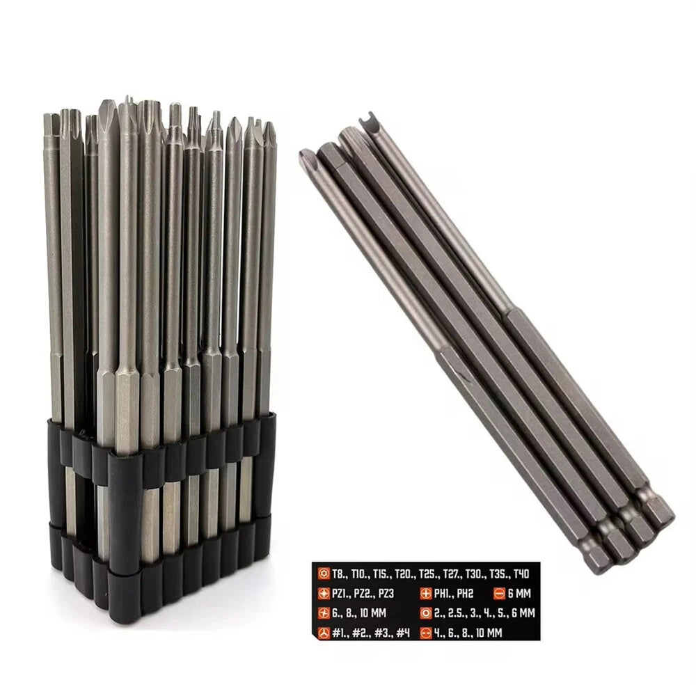 32-Piece Extended Drill & Screwdriver Bit Set – Hex, Phillips, Slotted, Carbon Steel