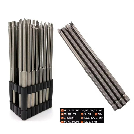32-Piece Extended Drill & Screwdriver Bit Set – Hex, Phillips, Slotted, Carbon Steel