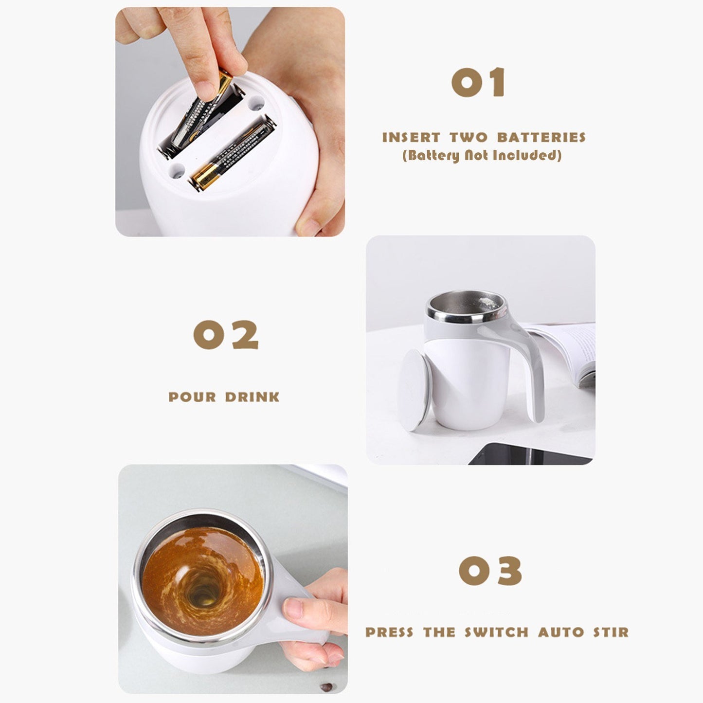 Self-Stirring Mug 380mL, Magnetic Automatic Mixing, Stainless Steel with Lid - Perfect for Coffee, Milk, Cocoa, Hot Chocolate