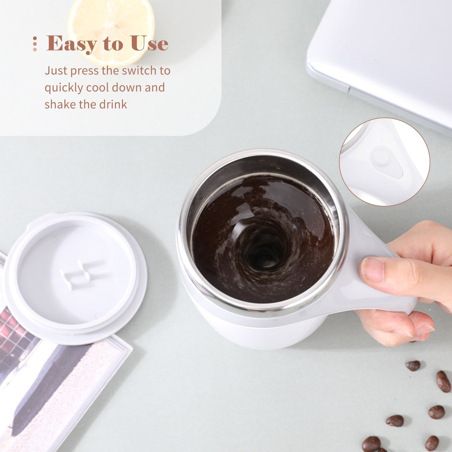 Self-Stirring Mug 380mL, Magnetic Automatic Mixing, Stainless Steel with Lid - Perfect for Coffee, Milk, Cocoa, Hot Chocolate