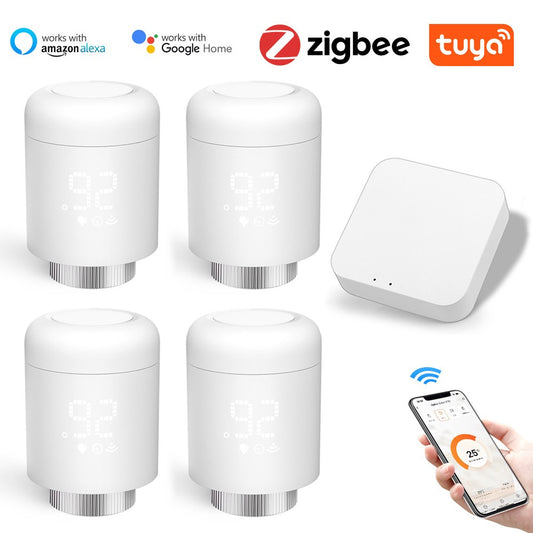Tuya Zigbee Thermostatic Radiator Valves 4pcs with Wireless App Control & Zigbee 3.0 Gateway - Compatible with Alexa & Google Home
