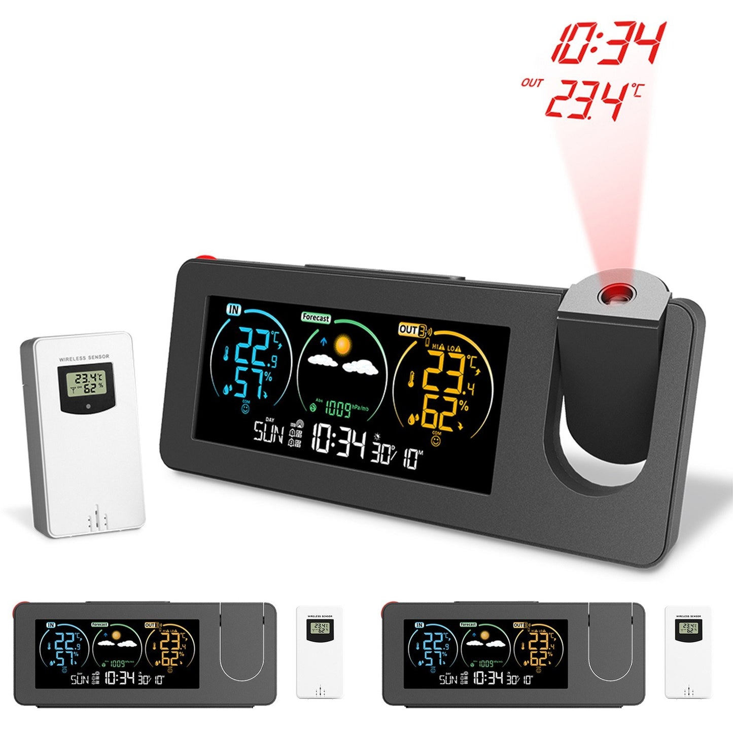 3 Pack FJ3538 Electronic Projection Alarm Clock with Weather Station, Temperature & Humidity Display, Color Screen