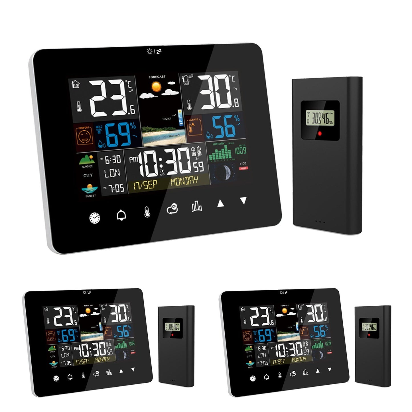 3-Pack Weather Station Alarm Clock: Multi-function Thermometer Hygrometer with Touch Screen & Wireless Outdoor Sensor