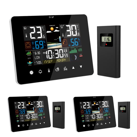 3-Pack Weather Station Alarm Clock: Multi-function Thermometer Hygrometer with Touch Screen & Wireless Outdoor Sensor