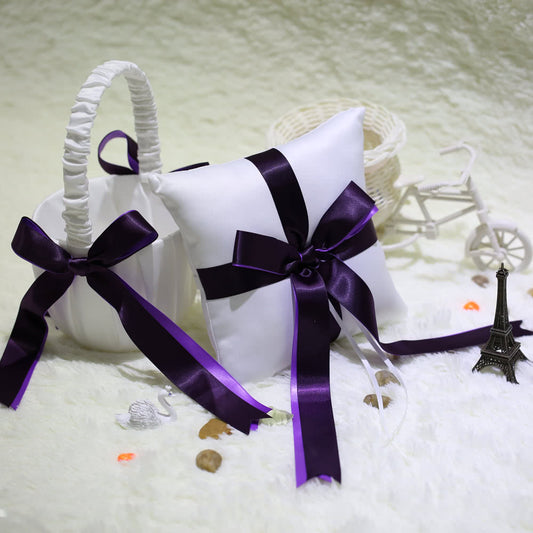 Satin Wedding Ring Pillow & Flower Basket Set – Romantic & Elegant