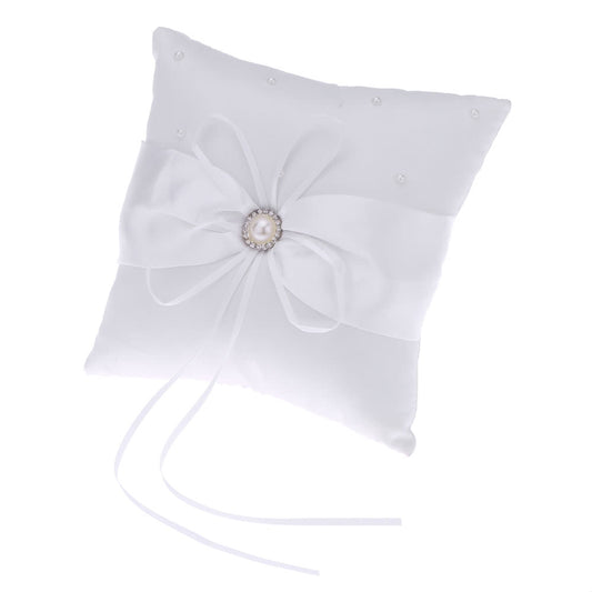 Elegant Satin Wedding Ring Pillow & Flower Basket with Beaded Bowknot Design