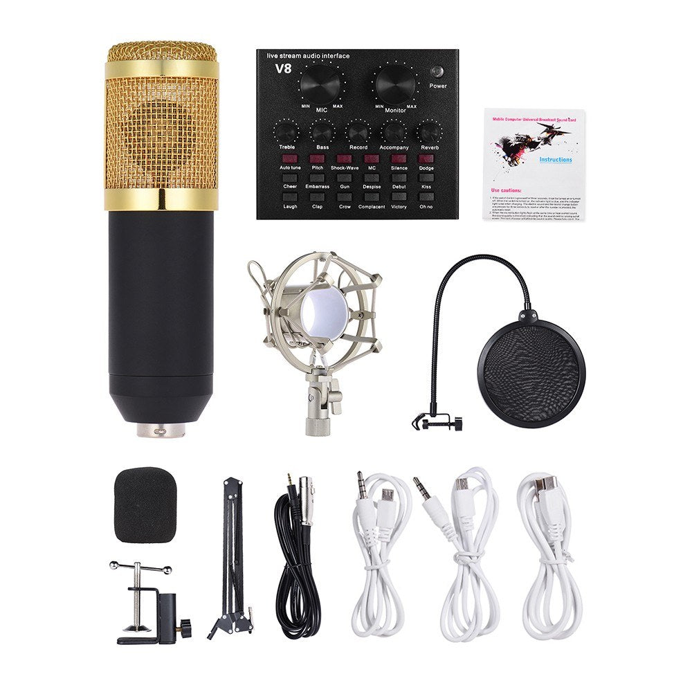 USB Audio Interface Sound Card with Multiple Effects & Rechargeable Battery + Professional Condenser Microphone Kit