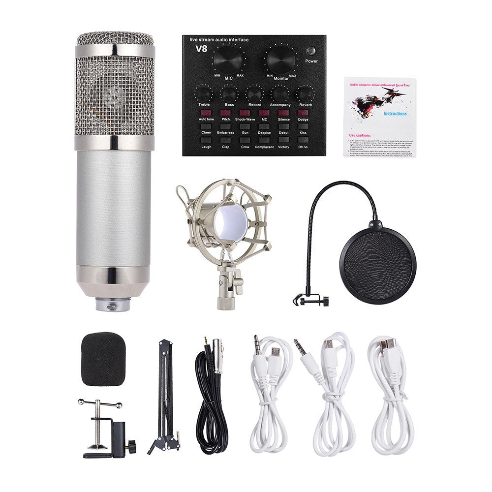 USB Audio Interface Sound Card with Multiple Effects & Rechargeable Battery + Professional Condenser Microphone Kit