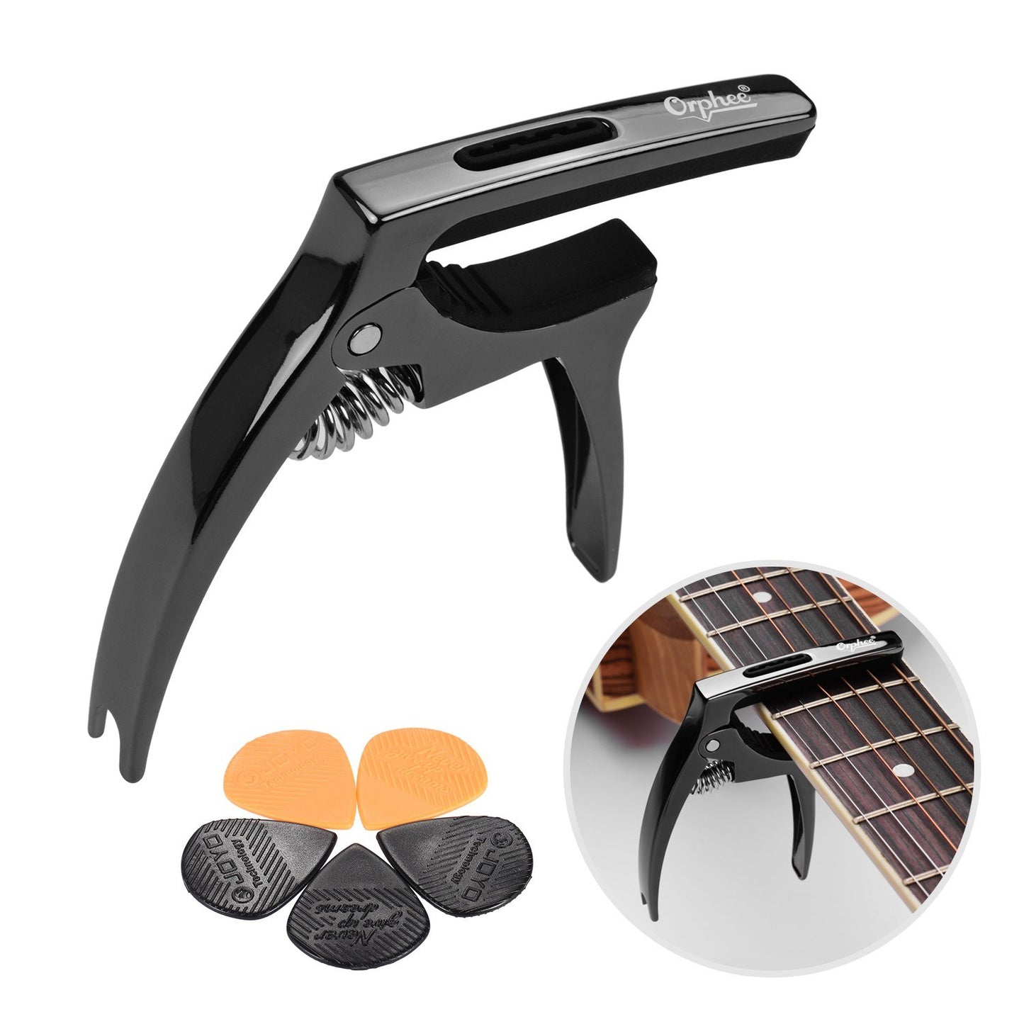 Orphee Q5 Multi-Functional Guitar Capo with 5 Triangle Picks Set