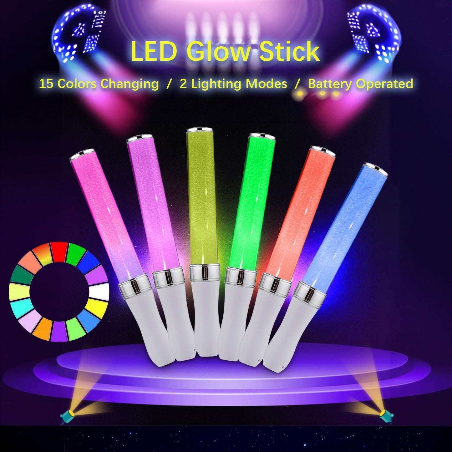 10-Pack LED Flashing Glow Sticks - 15-Color Concert Party Lights