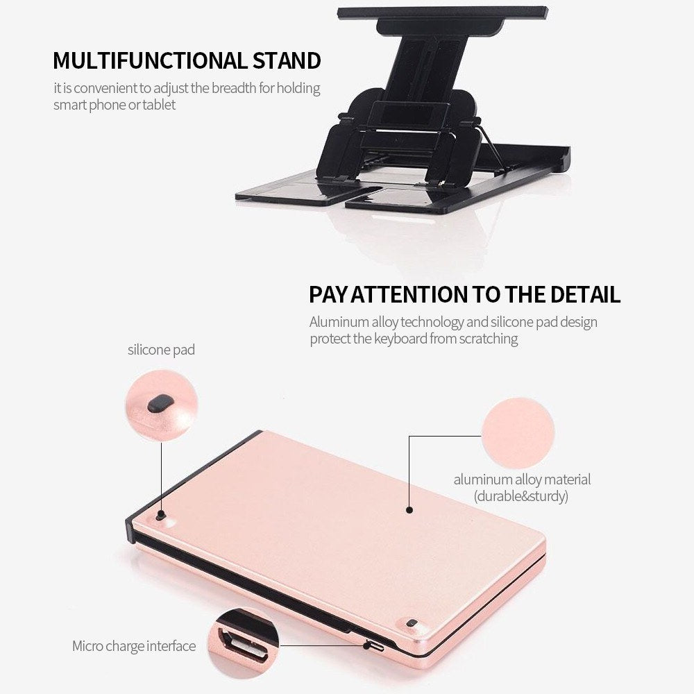 Rose Gold GK228 BT Wireless Folding Mini Keyboard - 66 Keys Portable Office Keyboard with Phone/Tablet/Laptop Stand