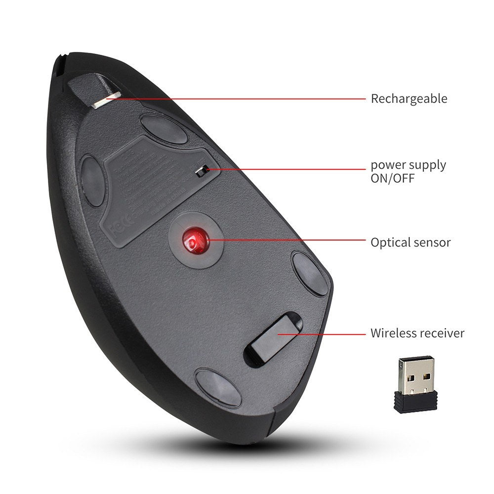 Rechargeable Ergonomic Vertical Wireless Mouse - 2.4G, 3 DPI Levels, Plug&Play, Black