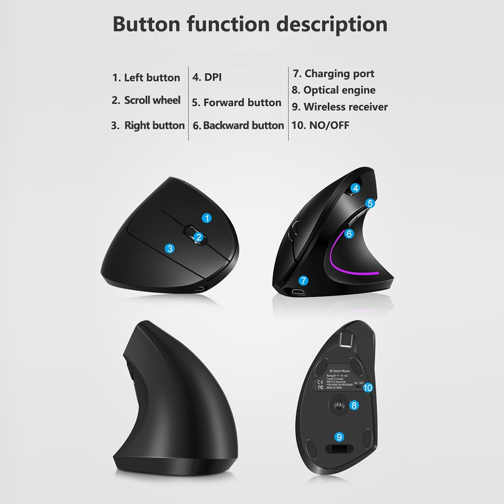 Rechargeable 2.4G Wireless Ergonomic Vertical Mouse with RGB Lighting & Adjustable DPI