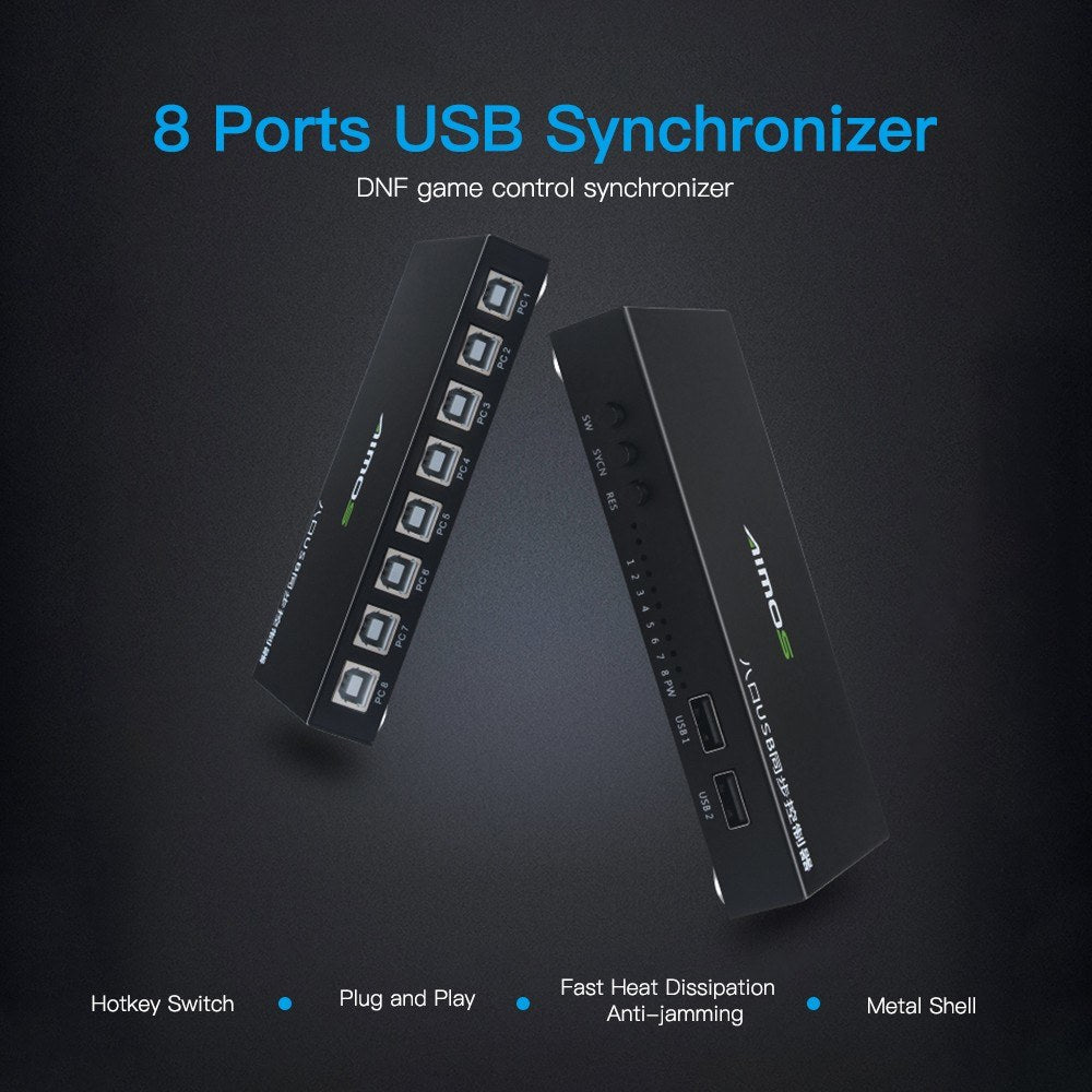 AIMOS 8-Port USB KVM Switch with Synchronization Controller, Metal Shell, Plug & Play, Black