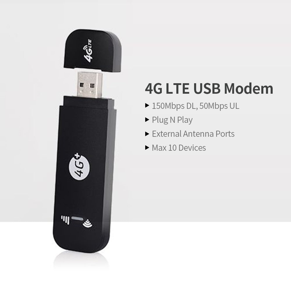 4G LTE USB WiFi Hotspot Modem - 150Mbps DL, 50Mbps UL, SIM Slot, Ext Antenna, Connects 10 Devices