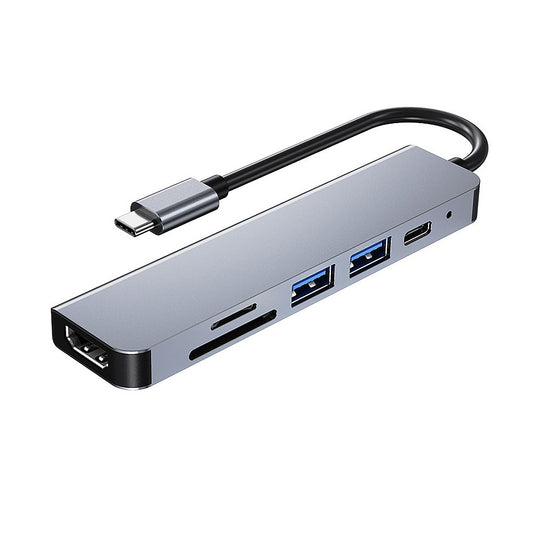 6-in-1 Type-C Hub: Aluminum Alloy Converter with HD, USB 2.0, USB 3.0, PD Ports, TF & SD Card Slots