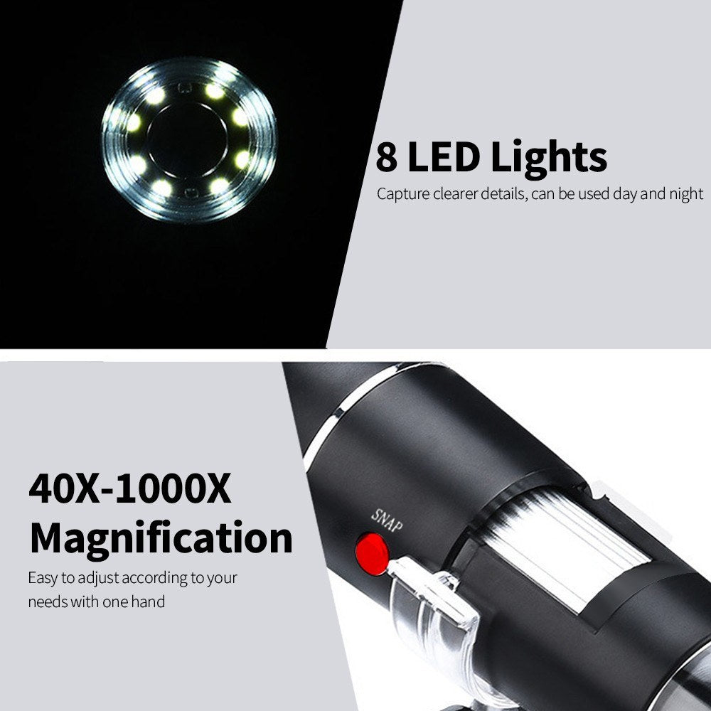 Portable 1600X Wired Digital Microscope with USB/Micro USB/Type-C Interfaces and 8 LED Lights