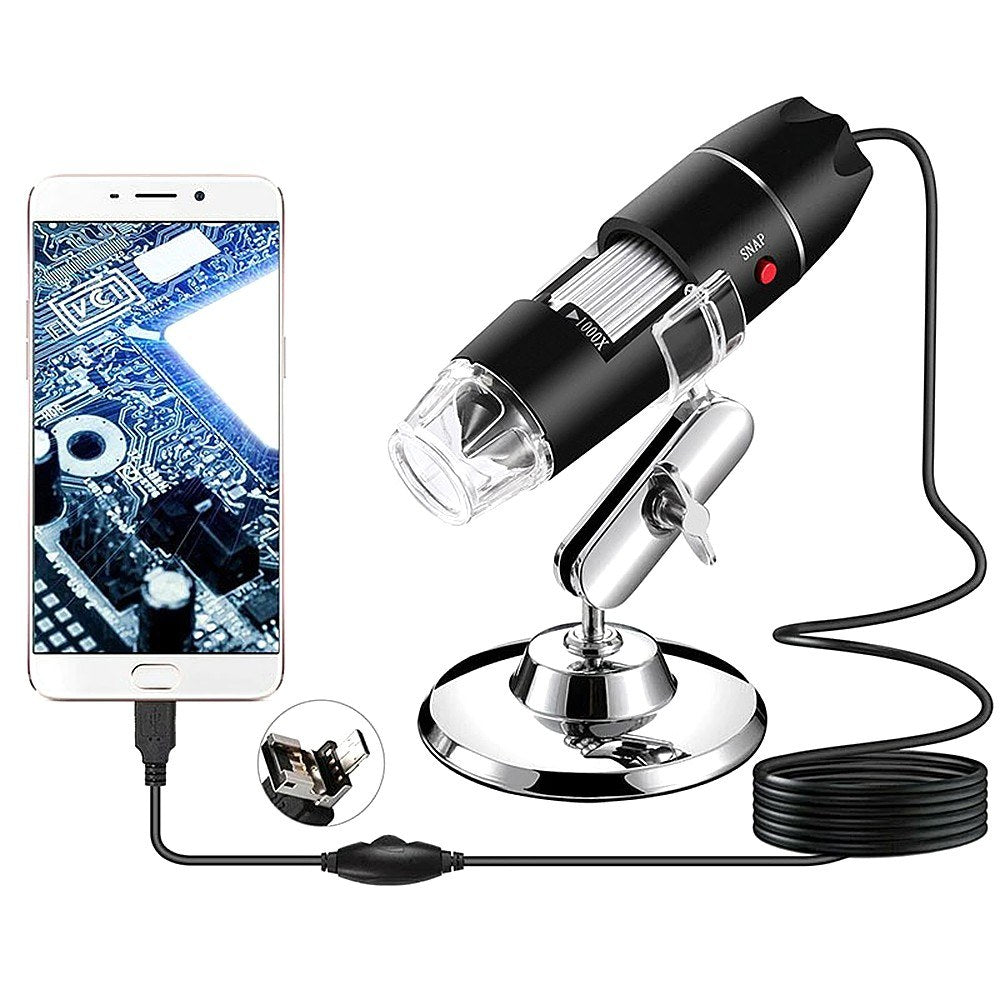 Portable 1600X Wired Digital Microscope with USB/Micro USB/Type-C Interfaces and 8 LED Lights