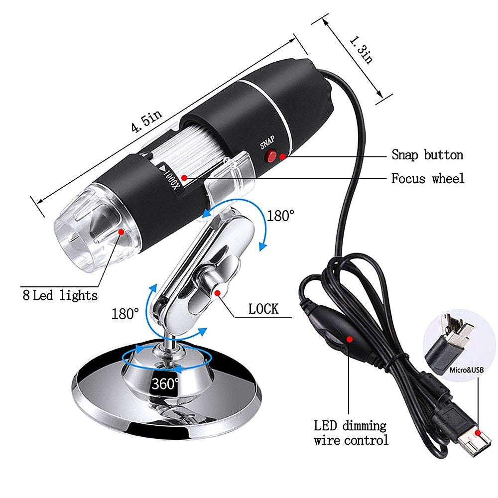 Portable 1600X Wired Digital Microscope with USB/Micro USB/Type-C Interfaces and 8 LED Lights