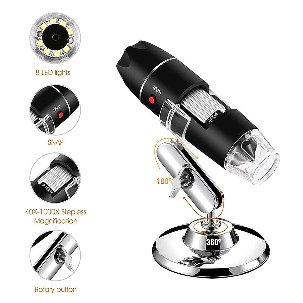 Portable 1600X Wired Digital Microscope with USB/Micro USB/Type-C Interfaces and 8 LED Lights