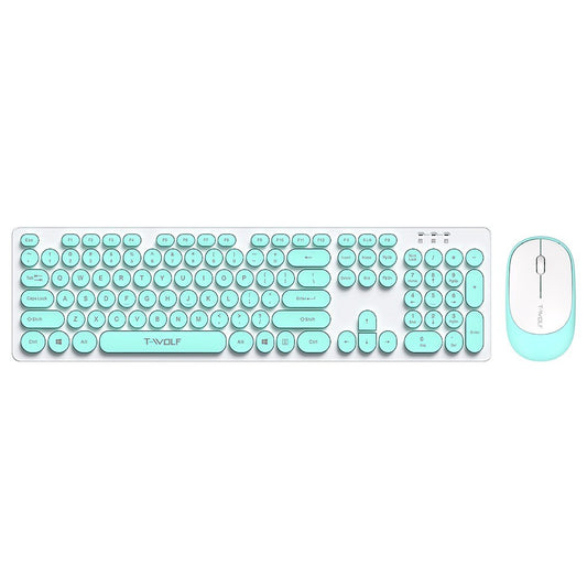 Retro Punk T-WOLF TF770 Wireless Keyboard Mouse Combo with Round Keycaps - 2.4G, Mute Typing, Wide Compatibility, Blue