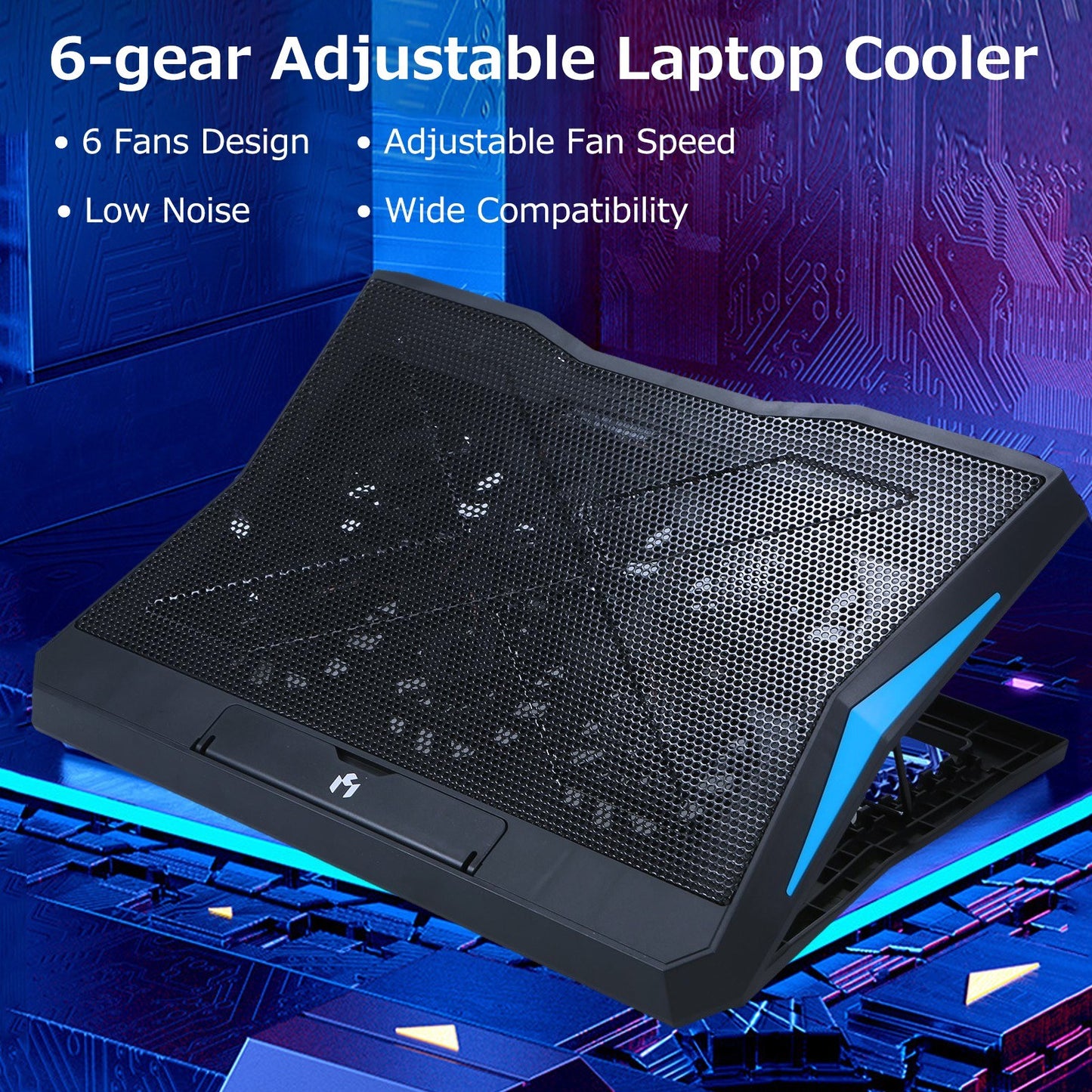 Foldable 6-Fan Laptop Cooler Stand with Low Noise, 6-Level Height Adjustability, Dual USB Ports, Wide Compatibility