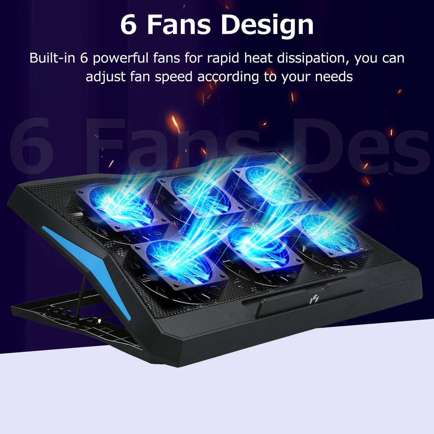 Foldable 6-Fan Laptop Cooler Stand with Low Noise, 6-Level Height Adjustability, Dual USB Ports, Wide Compatibility