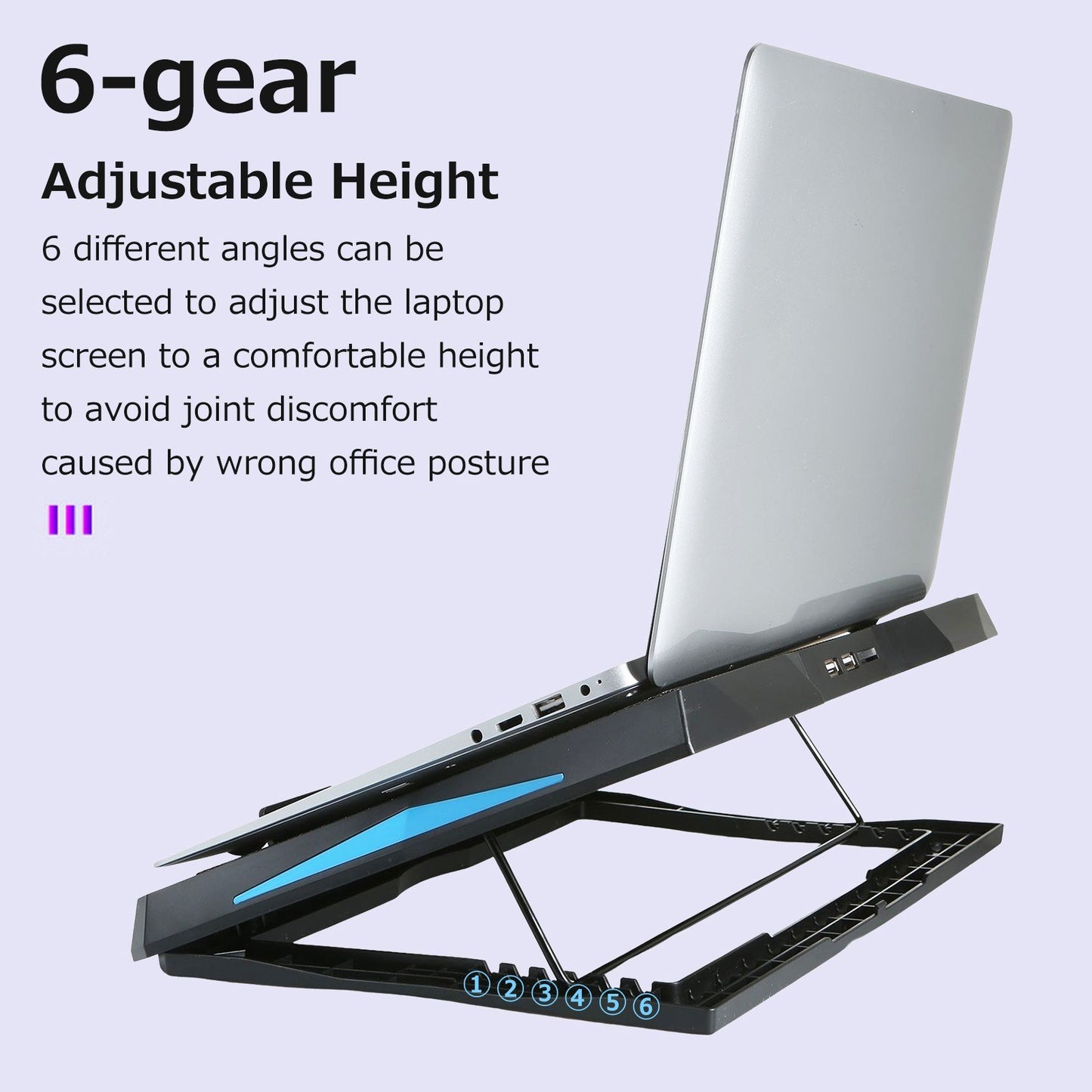 Foldable 6-Fan Laptop Cooler Stand with Low Noise, 6-Level Height Adjustability, Dual USB Ports, Wide Compatibility